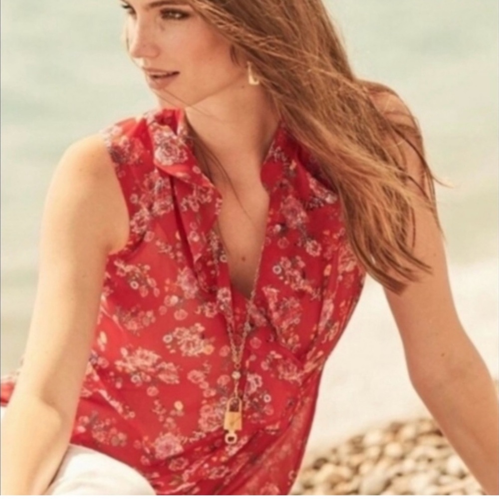 CAbi Crush Ruffle Top Style 5219 floral sleeveless ruffle neck red sz medium - Picture 2 of 7